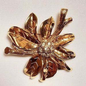 MONET Vtg Gold Tone‎ Flowers Branch Rhinestones Statement Brooch Sculptural
